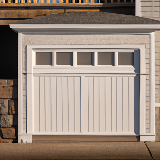 Coastal Marblehead home with a white paneled garage door and granite curb in soft morning light.