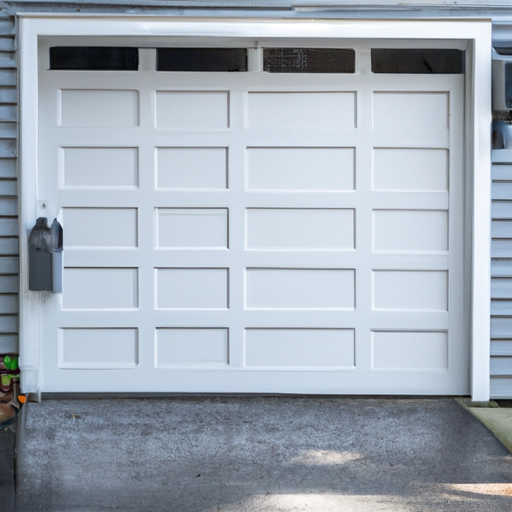 Marblehead coastal home with modern sectional garage door and visible smart keypad on the wall, mid-morning light, no people.