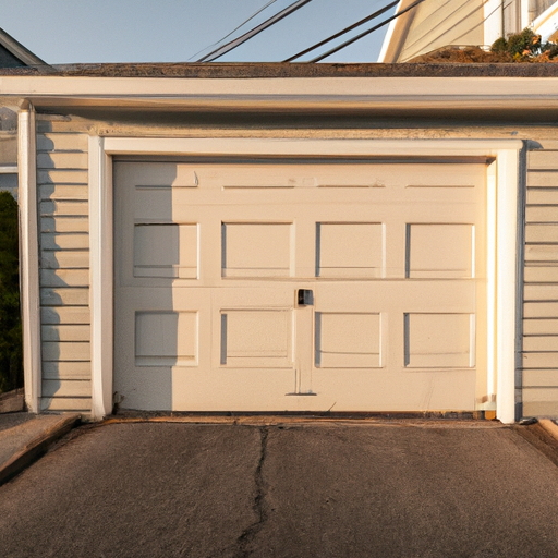 Marblehead seaside home with a well-maintained garage door and light salt residue on pavement at golden hour.