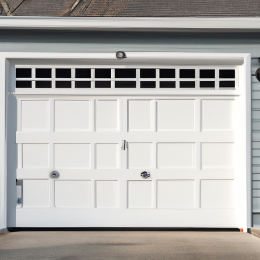 Residential garage door on a Marblehead, MA home with visible hinges and rollers, coastal clapboard siding, and a clean driveway.