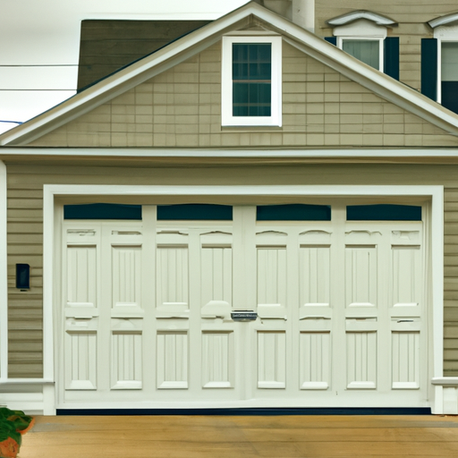 Marblehead coastal home with an insulated sectional garage door, visible seals and shingle siding on a cloudy morning.