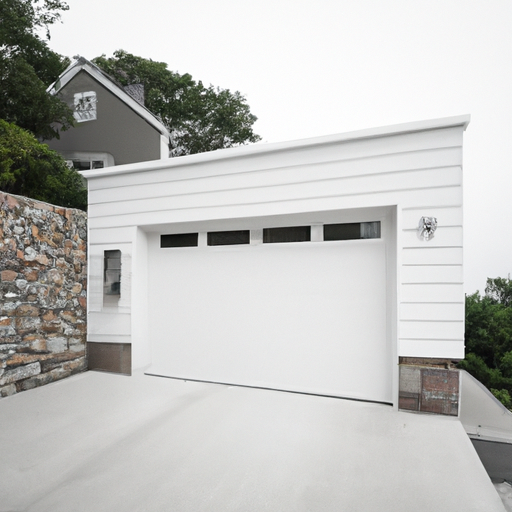 Closed modern garage door on a Marblehead coastal home with smart-home keypad and exterior sensor visible.