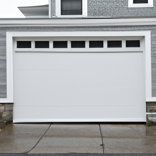 Coastal Marblehead garage door with visible bottom seal and threshold on a wet driveway.