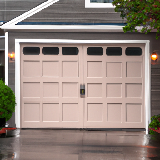 Editorial view of a garage door on a Marblehead Cape-style home at dawn with wet pavement, no people.