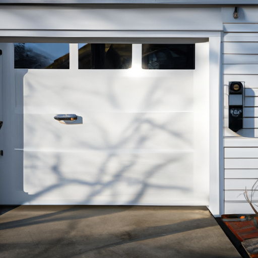 Marblehead suburban home with a modern garage door, smart keypad, and damp pavement in morning light.
