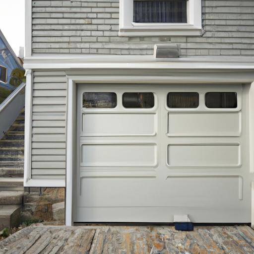 Coastal Marblehead home with a visible steel sectional garage door, clapboard siding and granite steps.