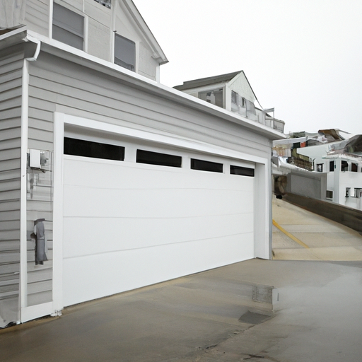 Marblehead residential garage with a modern sectional door, visible seals, and smart opener, cloudy coastal day.