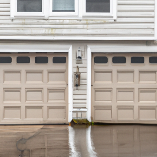 Residential garage door on a coastal New England home in Marblehead, MA with visible hardware and driveway.