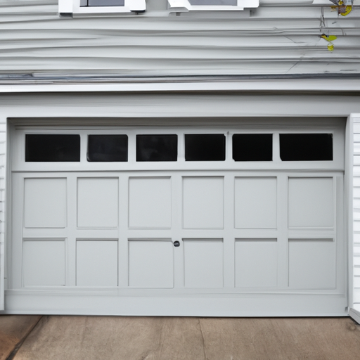 Sectional garage door on a Marblehead, MA home showing visible hardware and light coastal weathering.
