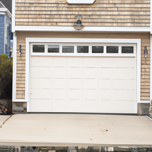 Clapboard house in Marblehead with a closed garage door, slate walk, and coastal vegetation under overcast sky.