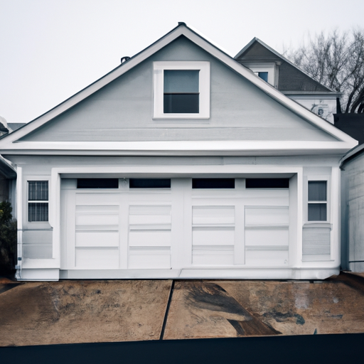 Sectional garage door on a Marblehead, MA coastal home with visible hardware and light signs of weathering.