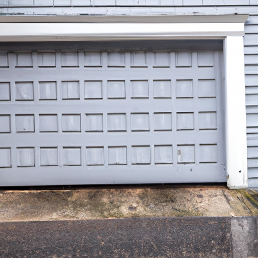 Insulated garage door on a Marblehead, MA coastal home with visible bottom seal and driveway in overcast daylight.