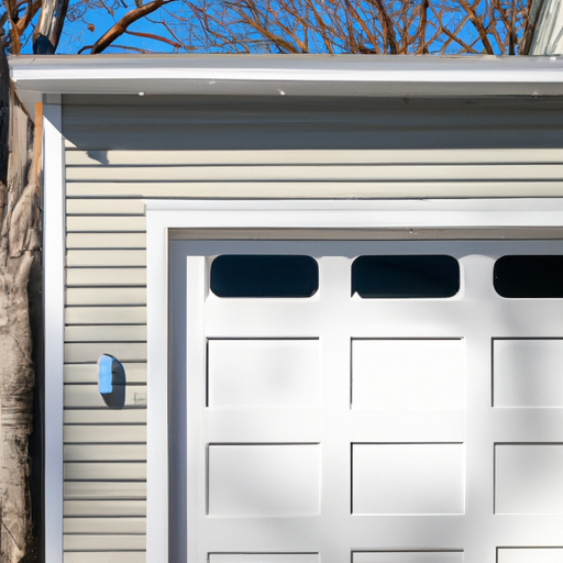 Marblehead suburban garage with visible sectional door and opener rail beside coastal-style siding on a clear winter morning.